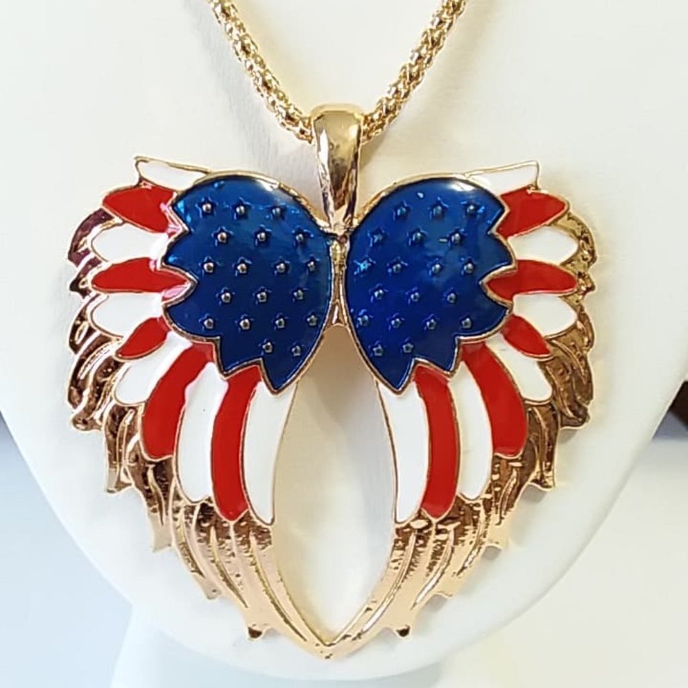 American Flag/ Wings Jewelry Set-Necklace & Earrings - Picture 2 of 4